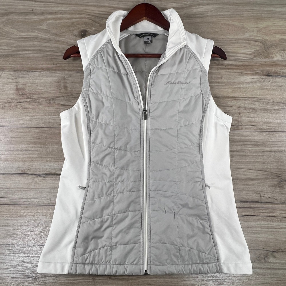 Eddie Bauer Womens Quilted Full Zip Vest Grey White Colorblock Medium